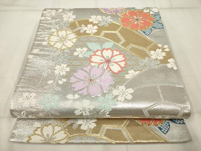 平和屋着物▼六通柄袋帯 草花文 金銀糸 正絹 逸品 AABH8174wj