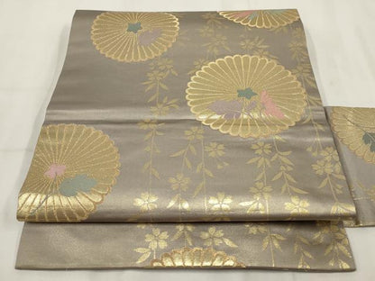 平和屋着物▼九寸名古屋帯 草花文 金糸 正絹 逸品 AABH8178wj