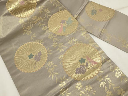 平和屋着物▼九寸名古屋帯 草花文 金糸 正絹 逸品 AABH8178wj