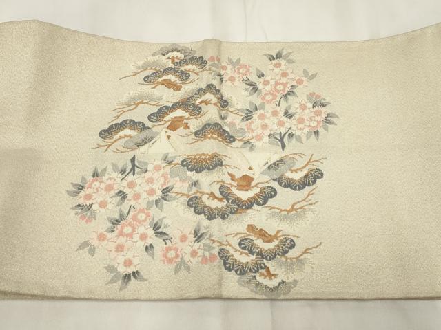平和屋着物▼太鼓柄袋帯 草花文 金糸 銀通し地 正絹 逸品 AABH8181wj