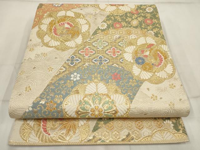 平和屋着物▼六通柄袋帯 立波花鳥文 金糸 正絹 逸品 AABH8191wj