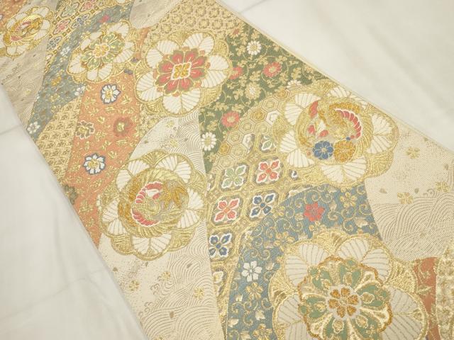 平和屋着物▼六通柄袋帯 立波花鳥文 金糸 正絹 逸品 AABH8191wj