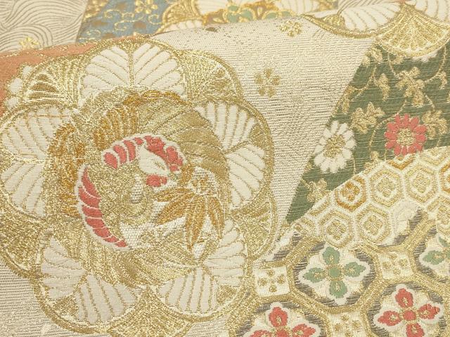 平和屋着物▼六通柄袋帯 立波花鳥文 金糸 正絹 逸品 AABH8191wj