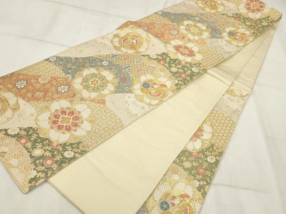 平和屋着物▼六通柄袋帯 立波花鳥文 金糸 正絹 逸品 AABH8191wj