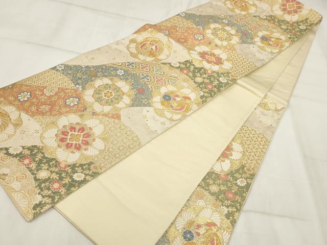 平和屋着物▼六通柄袋帯 立波花鳥文 金糸 正絹 逸品 AABH8191wj