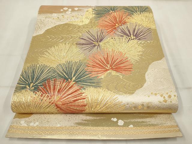 平和屋着物▼六通柄袋帯 道長流水花文 金糸 正絹 逸品 AABH8197wj