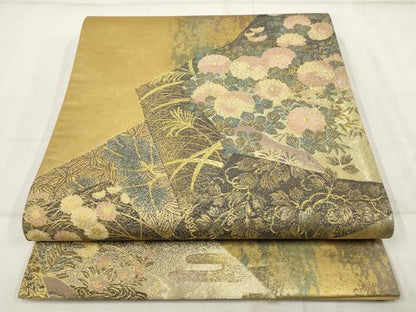 平和屋着物▼六通柄袋帯　切嵌花文　花彩時季　金糸　正絹　逸品　AABH8209wj