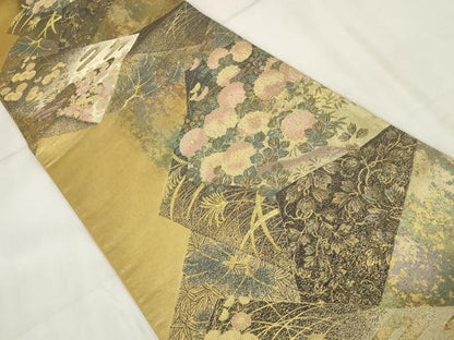 平和屋着物▼六通柄袋帯　切嵌花文　花彩時季　金糸　正絹　逸品　AABH8209wj
