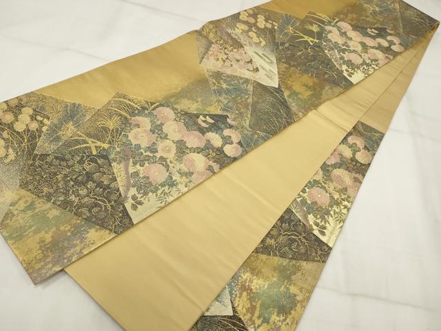 平和屋着物▼六通柄袋帯　切嵌花文　花彩時季　金糸　正絹　逸品　AABH8209wj