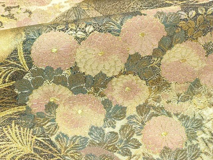 平和屋着物▼六通柄袋帯　切嵌花文　花彩時季　金糸　正絹　逸品　AABH8209wj
