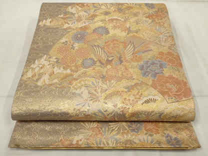 平和屋着物▼両面六通柄袋帯　地紙花鳥文　金糸　正絹　逸品　AABH8226wj