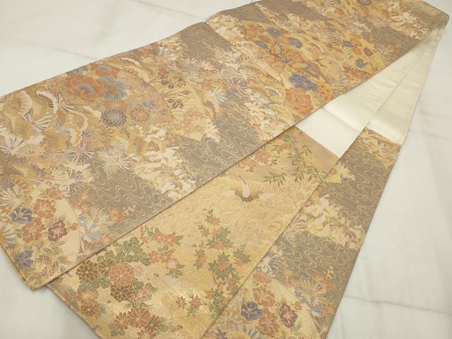 平和屋着物▼両面六通柄袋帯　地紙花鳥文　金糸　正絹　逸品　AABH8226wj
