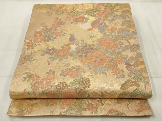 平和屋着物▼両面六通柄袋帯　地紙花鳥文　金糸　正絹　逸品　AABH8226wj