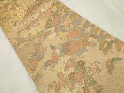 平和屋着物▼両面六通柄袋帯　地紙花鳥文　金糸　正絹　逸品　AABH8226wj