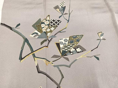 平和屋着物●訪問着　駒刺繍　枝花文　金彩　ロング丈　正絹　逸品　AABH8245ph