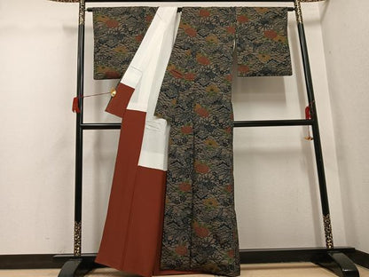 平和屋着物●上質な小紋　紬地　型染め　松竹梅草花文　正絹　逸品　AABH8255ph