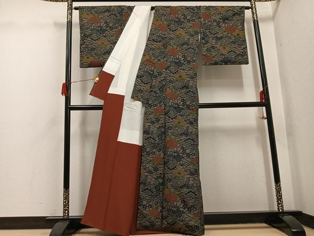 平和屋着物●上質な小紋　紬地　型染め　松竹梅草花文　正絹　逸品　AABH8255ph
