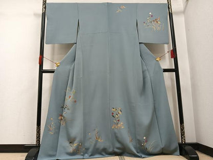 平和屋着物●訪問着　駒刺繍　草花文　金彩　正絹　逸品　AABH8264ph