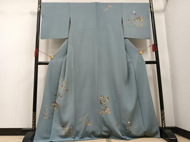 平和屋着物●訪問着　駒刺繍　草花文　金彩　正絹　逸品　AABH8264ph