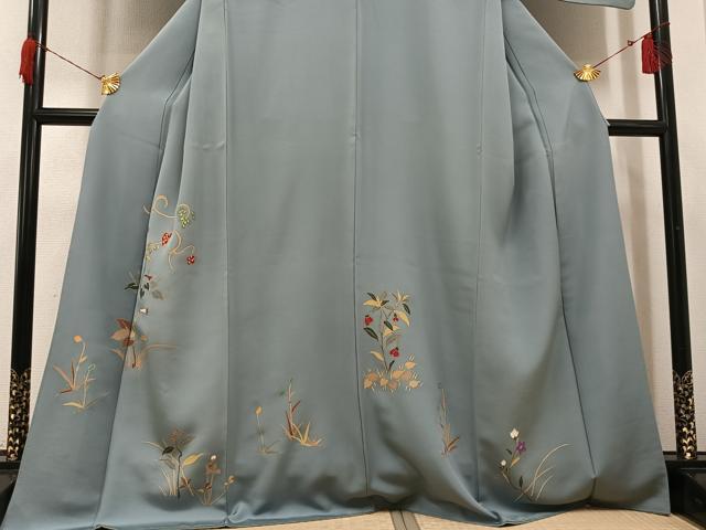 平和屋着物●訪問着　駒刺繍　草花文　金彩　正絹　逸品　AABH8264ph