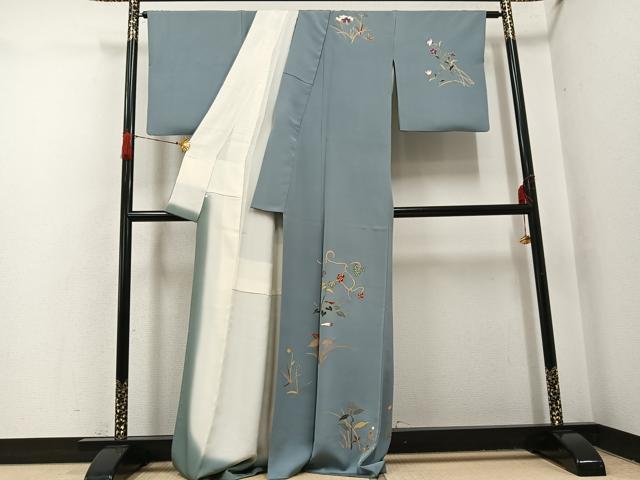 平和屋着物●訪問着　駒刺繍　草花文　金彩　正絹　逸品　AABH8264ph