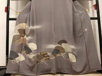 平和屋着物●訪問着　友禅　西村吉右衛門　駒刺繍　扇面草花文　暈し染め　金彩　正絹　逸品　未使用　AABH8265ph