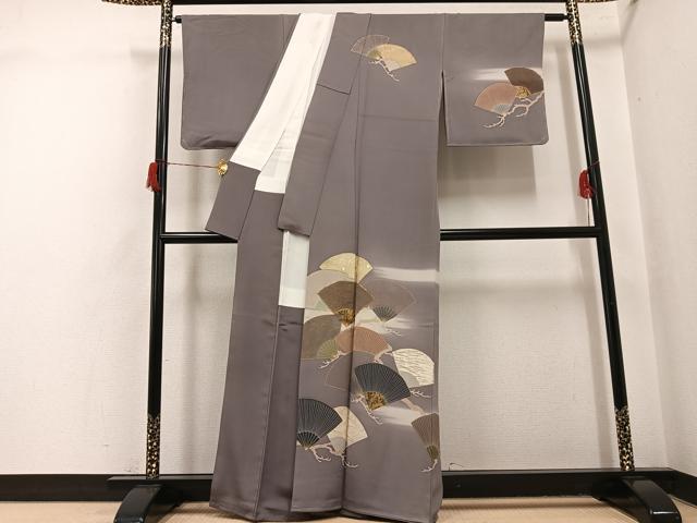平和屋着物●訪問着　友禅　西村吉右衛門　駒刺繍　扇面草花文　暈し染め　金彩　正絹　逸品　未使用　AABH8265ph