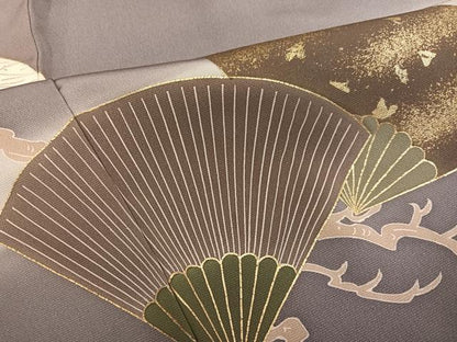 平和屋着物●訪問着　友禅　西村吉右衛門　駒刺繍　扇面草花文　暈し染め　金彩　正絹　逸品　未使用　AABH8265ph