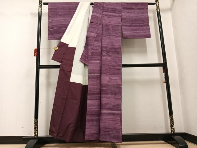 平和屋着物●上質な紬　横段文　正絹　逸品　AABH8281ph
