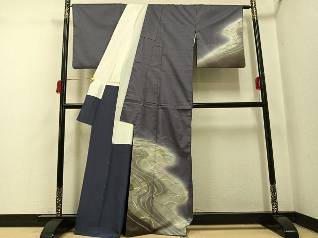 平和屋着物●本場大島紬　染大島　訪問着　刺繍　芝　暈し染め　金糸　正絹　逸品　AABH8283ph