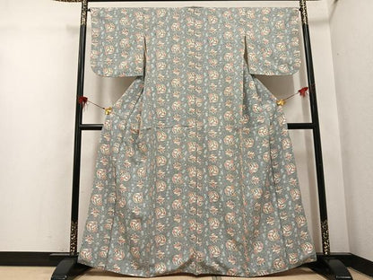 平和屋着物●上質な小紋　紬地　型染め　草花文　正絹　逸品　AABH8289ph