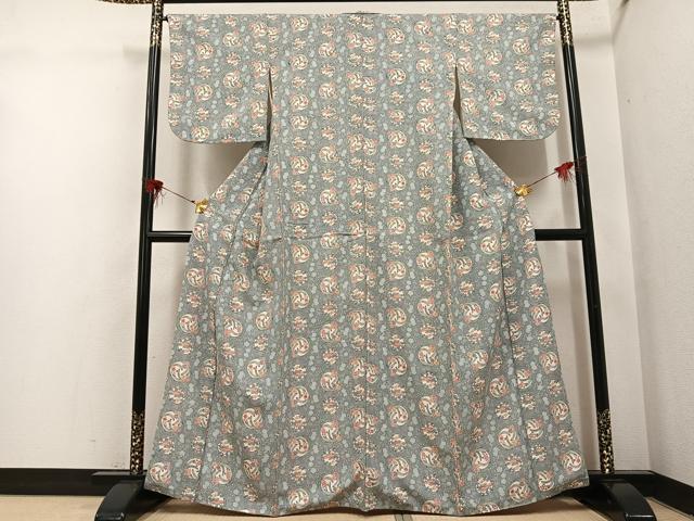 平和屋着物●上質な小紋　紬地　型染め　草花文　正絹　逸品　AABH8289ph