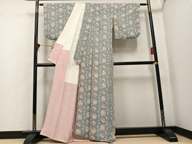 平和屋着物●上質な小紋　紬地　型染め　草花文　正絹　逸品　AABH8289ph