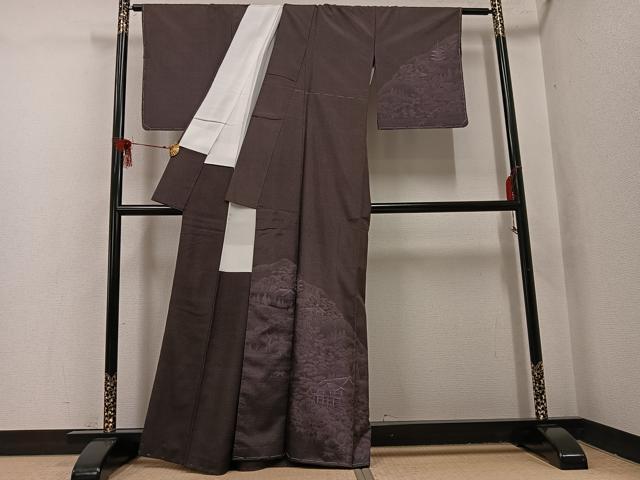 平和屋着物●本場大島紬　染大島　訪問着　手描き　風景樹林文　正絹　逸品　未使用　AABH8291ph