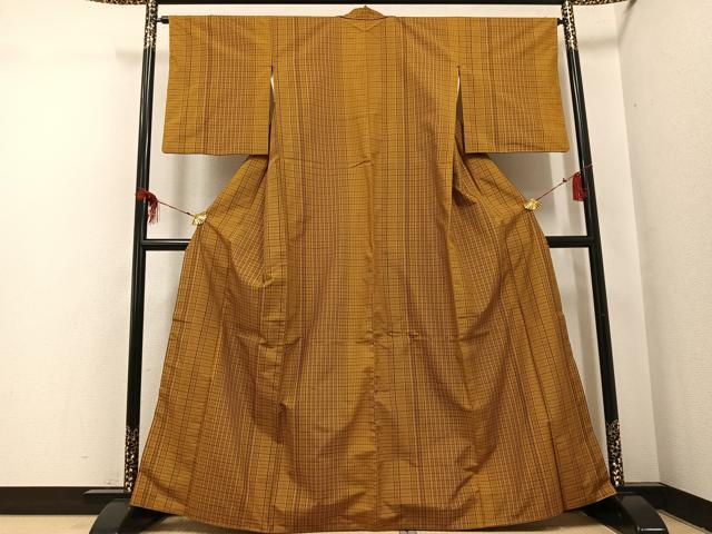 平和屋着物●黄八丈　紬　格子　正絹　逸品　AABH8293ph