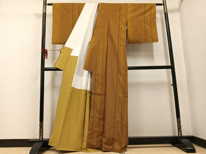 平和屋着物●黄八丈　紬　格子　正絹　逸品　AABH8293ph