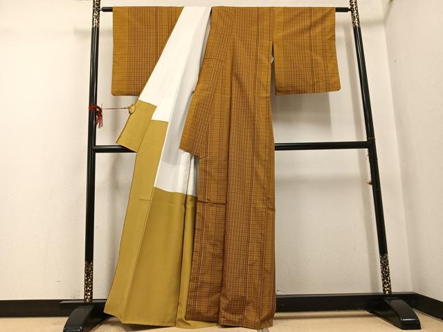 平和屋着物●黄八丈　紬　格子　正絹　逸品　AABH8293ph