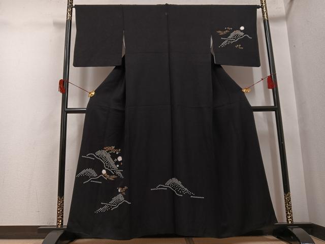 平和屋着物●訪問着　絞り　刺繍　草花文　黒地　金彩　正絹　逸品　AABH8299ph