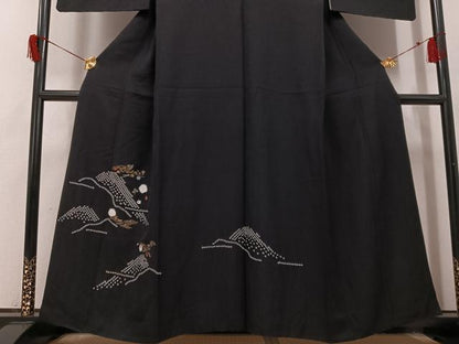 平和屋着物●訪問着　絞り　刺繍　草花文　黒地　金彩　正絹　逸品　AABH8299ph