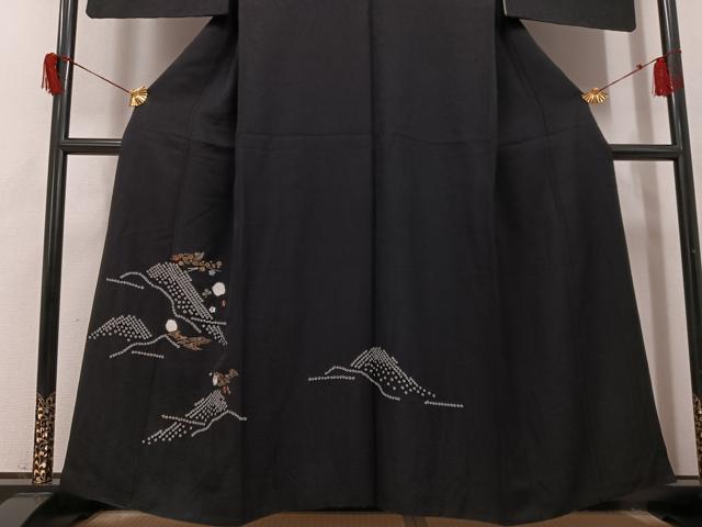 平和屋着物●訪問着　絞り　刺繍　草花文　黒地　金彩　正絹　逸品　AABH8299ph
