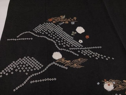 平和屋着物●訪問着　絞り　刺繍　草花文　黒地　金彩　正絹　逸品　AABH8299ph