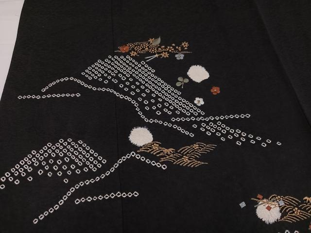 平和屋着物●訪問着　絞り　刺繍　草花文　黒地　金彩　正絹　逸品　AABH8299ph