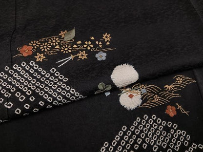 平和屋着物●訪問着　絞り　刺繍　草花文　黒地　金彩　正絹　逸品　AABH8299ph