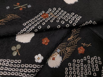平和屋着物●訪問着　絞り　刺繍　草花文　黒地　金彩　正絹　逸品　AABH8299ph