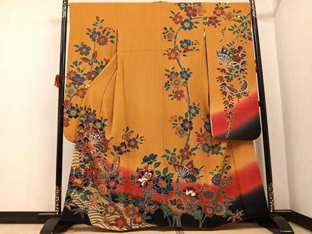 平和屋着物●豪華振袖　紅型　草花舞蝶文　暈し染め　正絹　逸品　AABH8300ph