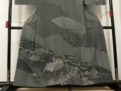 平和屋着物●伝統工芸士 染谷梅治　彫刻師：太田茂夫　江戸小紋　訪問着　江戸百景　黒地　さが美扱い　正絹　逸品　AABH8302ph
