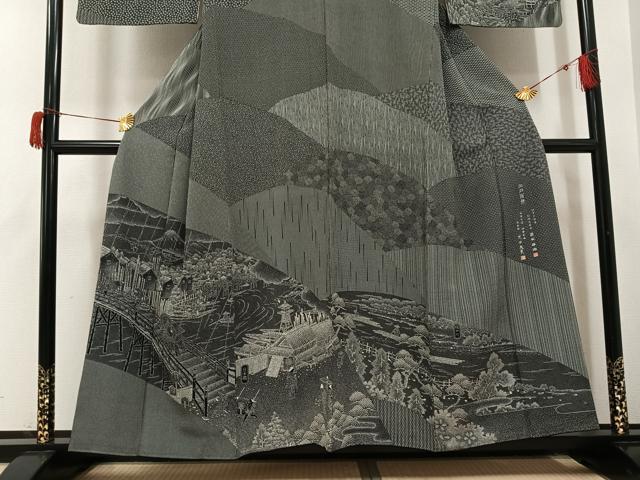 平和屋着物●伝統工芸士 染谷梅治　彫刻師：太田茂夫　江戸小紋　訪問着　江戸百景　黒地　さが美扱い　正絹　逸品　AABH8302ph