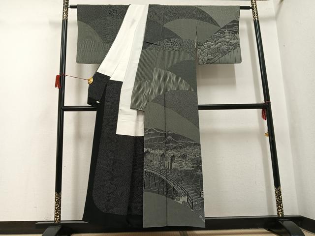 平和屋着物●伝統工芸士 染谷梅治　彫刻師：太田茂夫　江戸小紋　訪問着　江戸百景　黒地　さが美扱い　正絹　逸品　AABH8302ph