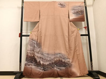 平和屋着物●訪問着　紬地　ろうけつ染め　樹林文　暈し染め　正絹　逸品　AABH8304ph