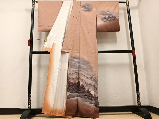 平和屋着物●訪問着　紬地　ろうけつ染め　樹林文　暈し染め　正絹　逸品　AABH8304ph